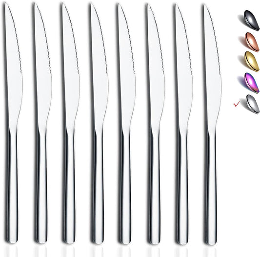 Steak Knives, 8 Piece Premium Stainless Steel Steak Knife Set, Meat Knife Sets, German Steak Knives Serrated, Tomato Knife, For Home, Kitchen or Restaurant, Dishwasher Safe (Silver-9.2 Inch)