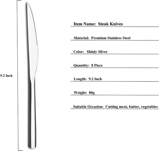 Steak Knives, 8 Piece Premium Stainless Steel Steak Knife Set, Meat Knife Sets, German Steak Knives Serrated, Tomato Knife, For Home, Kitchen or Restaurant, Dishwasher Safe (Silver-9.2 Inch)