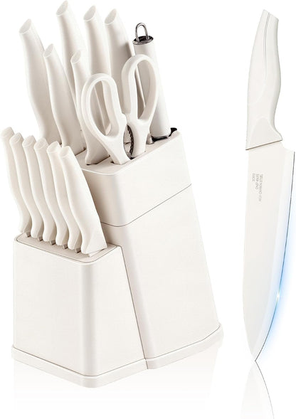 Knife Set with Block, 15 Pieces Kitchen Knife Block Set with Sharpener, High Carbon Stainless Steel Sharp Chef Knife Set with Ergonomic Handles, Anti Rust, White