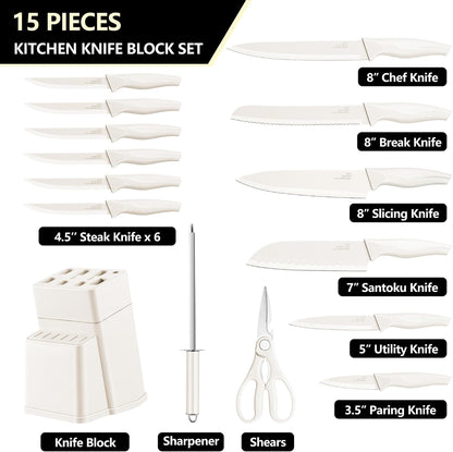 Knife Set with Block, 15 Pieces Kitchen Knife Block Set with Sharpener, High Carbon Stainless Steel Sharp Chef Knife Set with Ergonomic Handles, Anti Rust, White