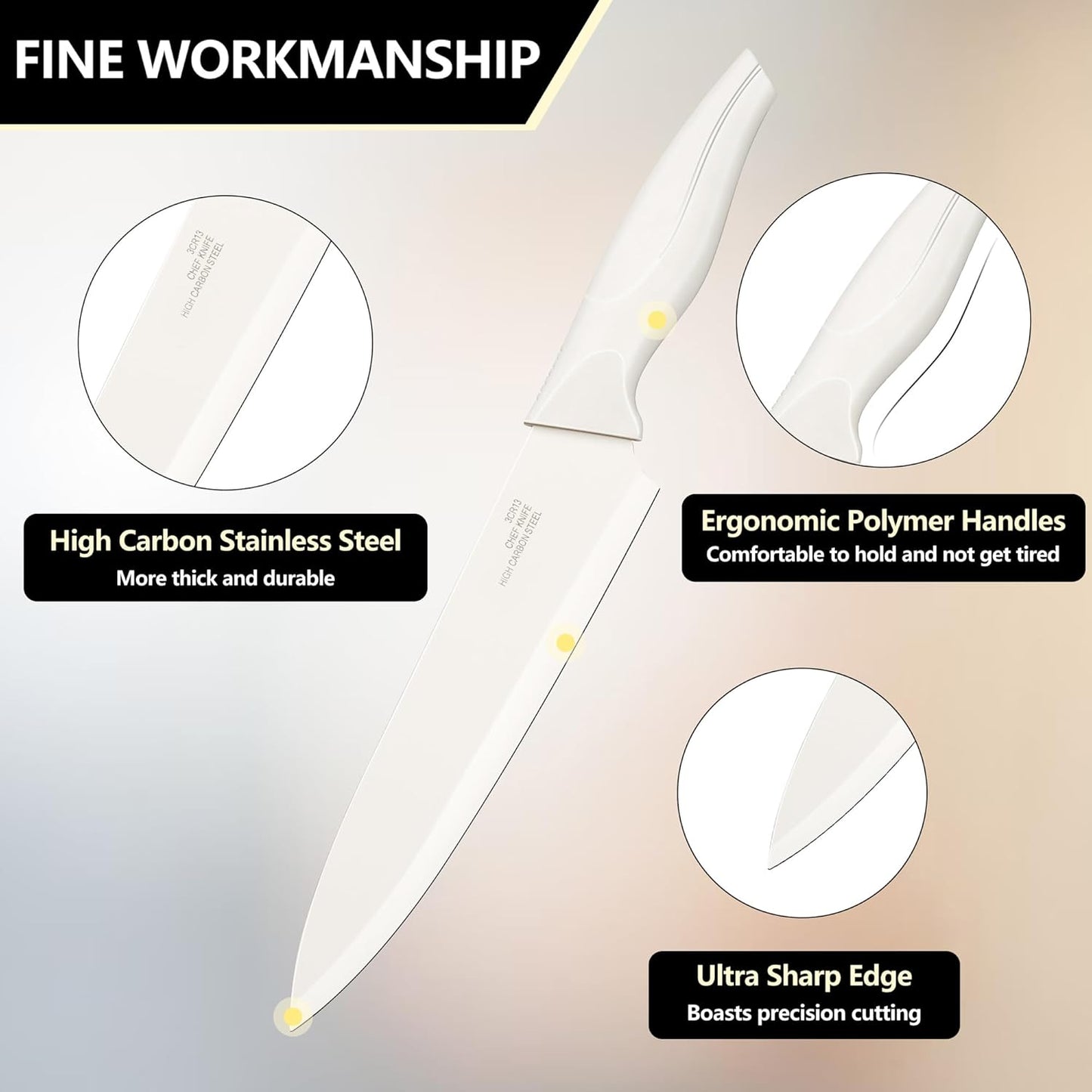 Knife Set with Block, 15 Pieces Kitchen Knife Block Set with Sharpener, High Carbon Stainless Steel Sharp Chef Knife Set with Ergonomic Handles, Anti Rust, White