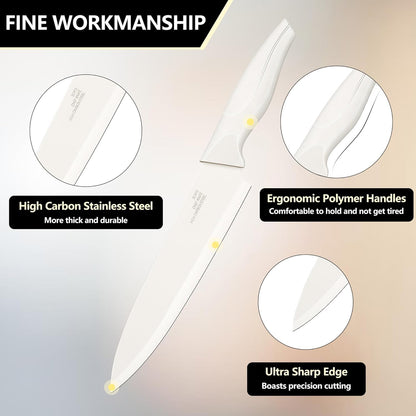 Knife Set with Block, 15 Pieces Kitchen Knife Block Set with Sharpener, High Carbon Stainless Steel Sharp Chef Knife Set with Ergonomic Handles, Anti Rust, White