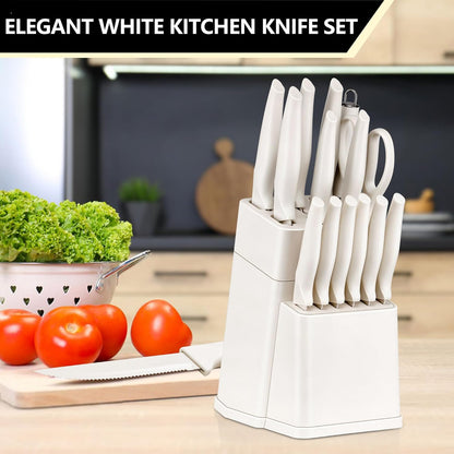Knife Set with Block, 15 Pieces Kitchen Knife Block Set with Sharpener, High Carbon Stainless Steel Sharp Chef Knife Set with Ergonomic Handles, Anti Rust, White