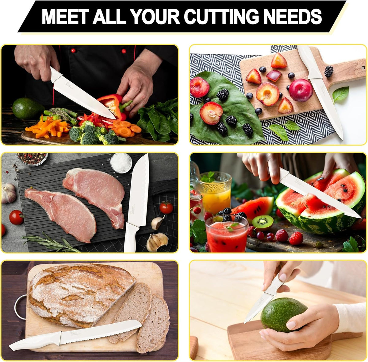 Knife Set with Block, 15 Pieces Kitchen Knife Block Set with Sharpener, High Carbon Stainless Steel Sharp Chef Knife Set with Ergonomic Handles, Anti Rust, White