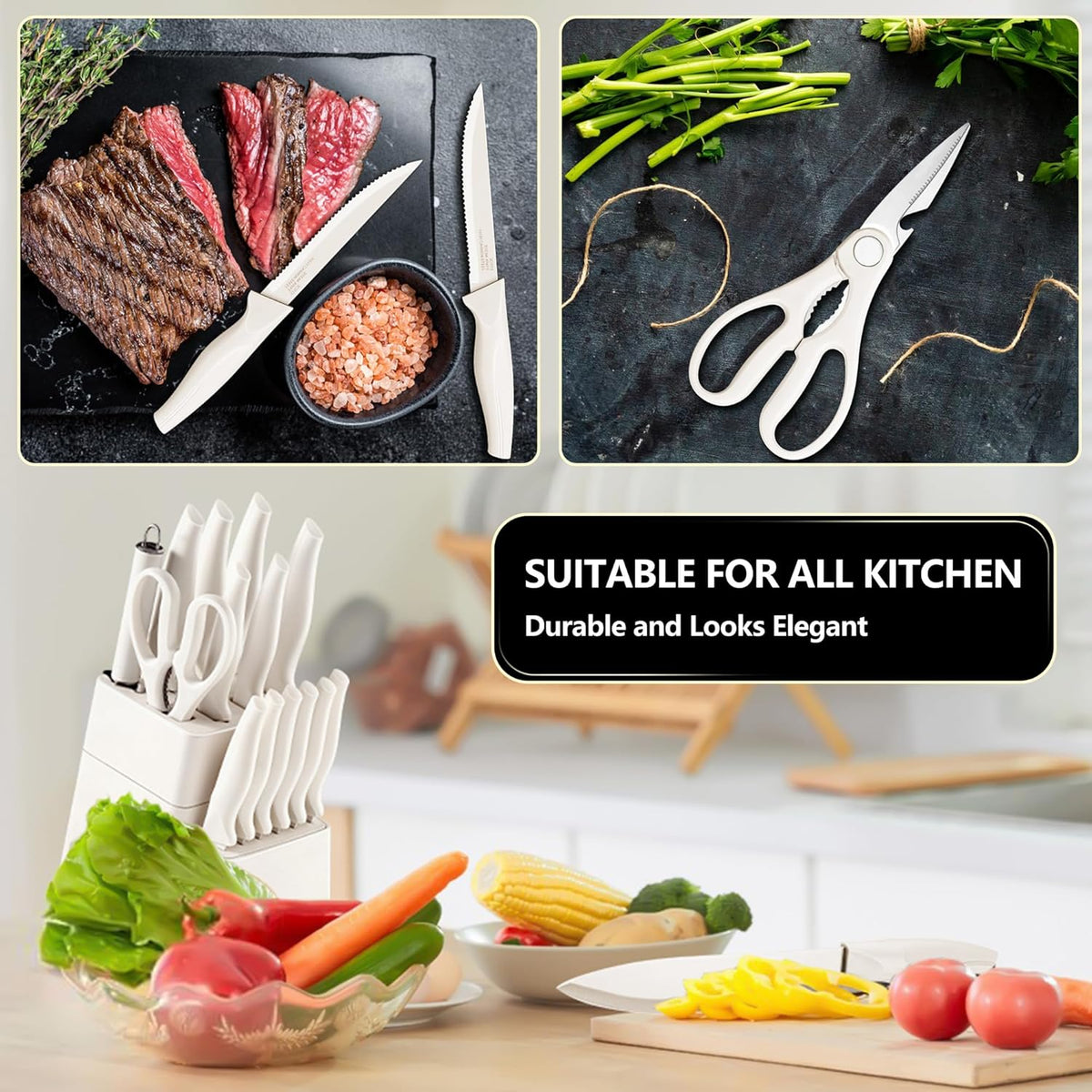 Knife Set with Block, 15 Pieces Kitchen Knife Block Set with Sharpener, High Carbon Stainless Steel Sharp Chef Knife Set with Ergonomic Handles, Anti Rust, White