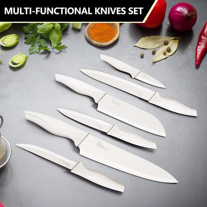 Knife Set with Block, 15 Pieces Kitchen Knife Block Set with Sharpener, High Carbon Stainless Steel Sharp Chef Knife Set with Ergonomic Handles, Anti Rust, White