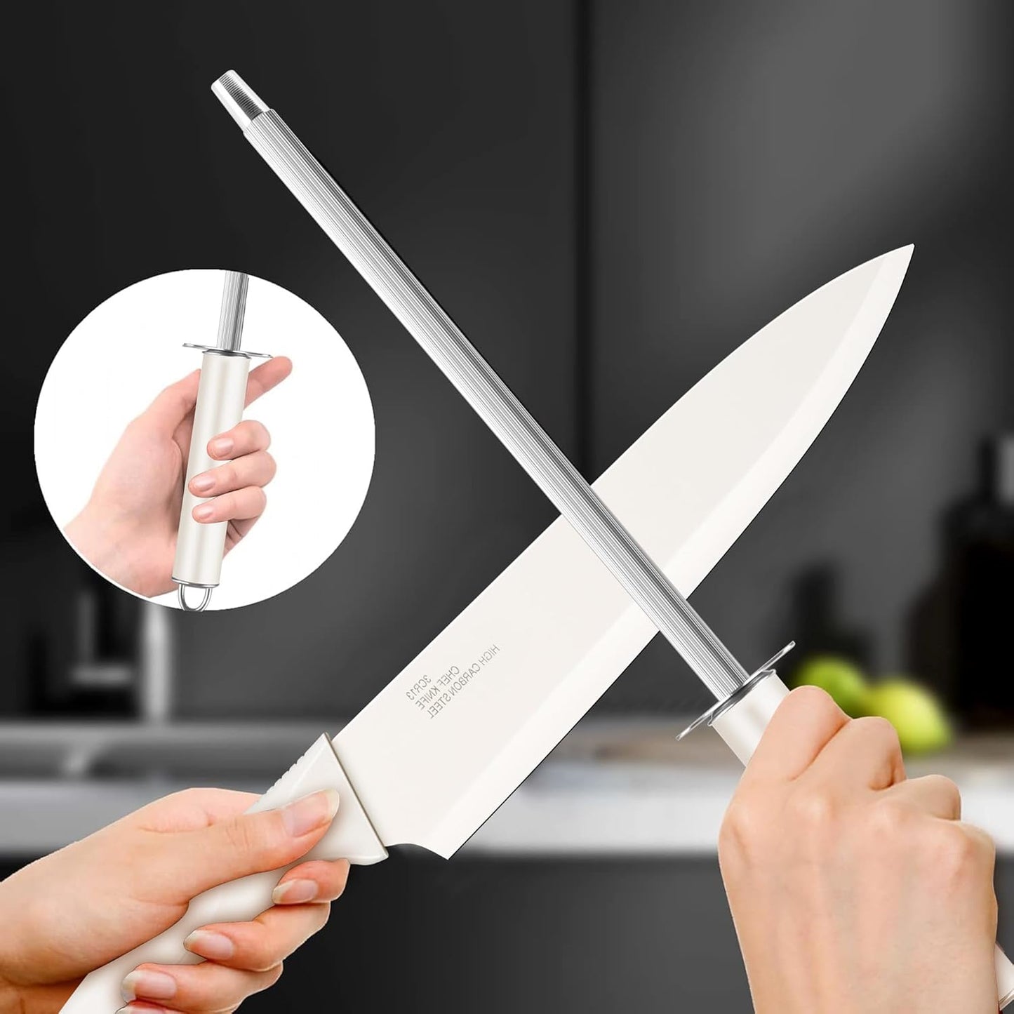 Knife Set with Block, 15 Pieces Kitchen Knife Block Set with Sharpener, High Carbon Stainless Steel Sharp Chef Knife Set with Ergonomic Handles, Anti Rust, White