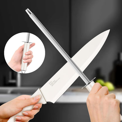 Knife Set with Block, 15 Pieces Kitchen Knife Block Set with Sharpener, High Carbon Stainless Steel Sharp Chef Knife Set with Ergonomic Handles, Anti Rust, White