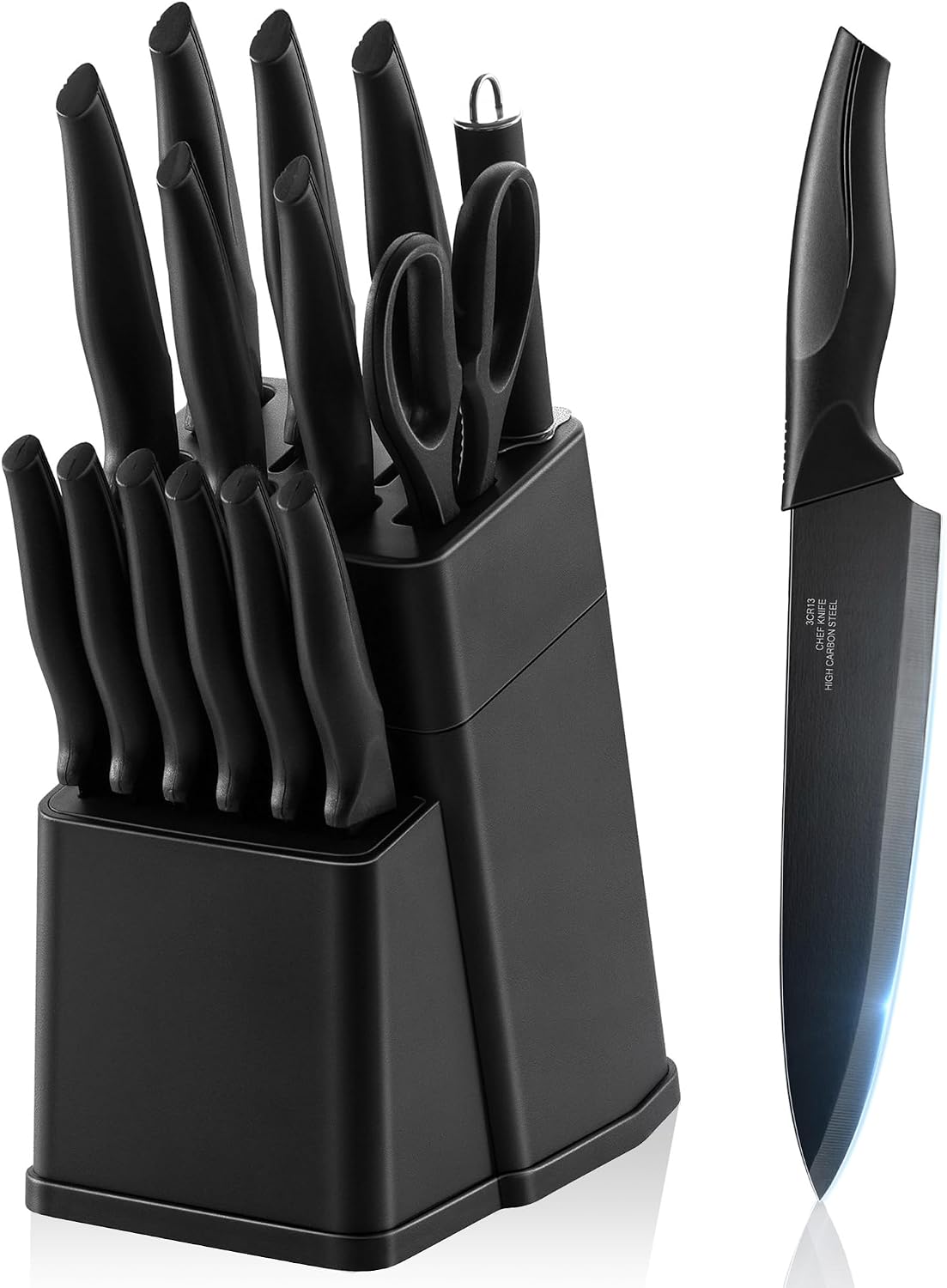 Knife Set with Block, 15 Pieces Kitchen Knife Block Set with Sharpener, High Carbon Stainless Steel Sharp Chef Knife Set with Ergonomic Handles, Anti Rust, White
