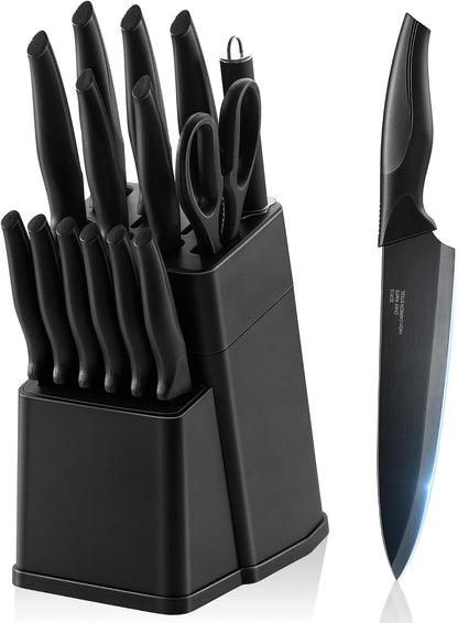 Knife Set with Block, 15 Pieces Kitchen Knife Block Set with Sharpener, High Carbon Stainless Steel Sharp Chef Knife Set with Ergonomic Handles, Anti Rust, White