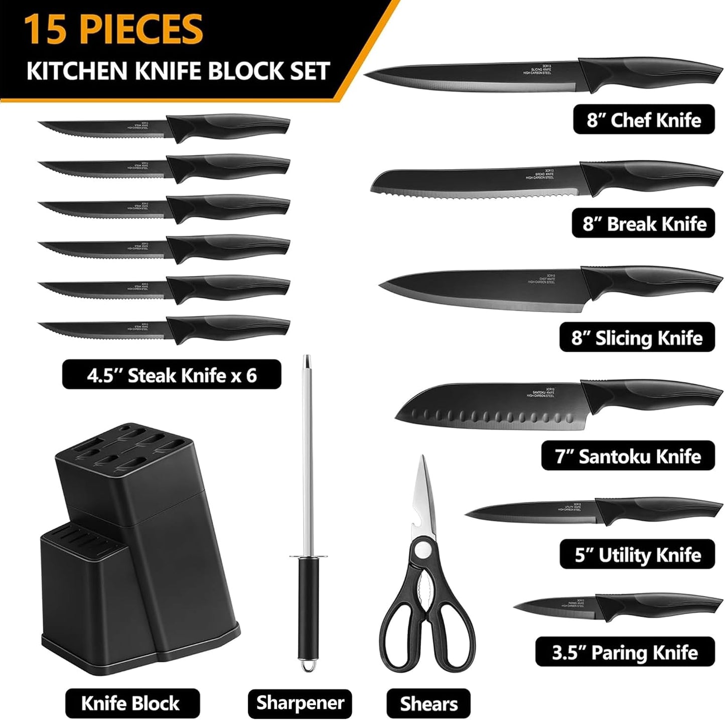 Knife Set with Block, 15 Pieces Kitchen Knife Block Set with Sharpener, High Carbon Stainless Steel Sharp Chef Knife Set with Ergonomic Handles, Anti Rust, White