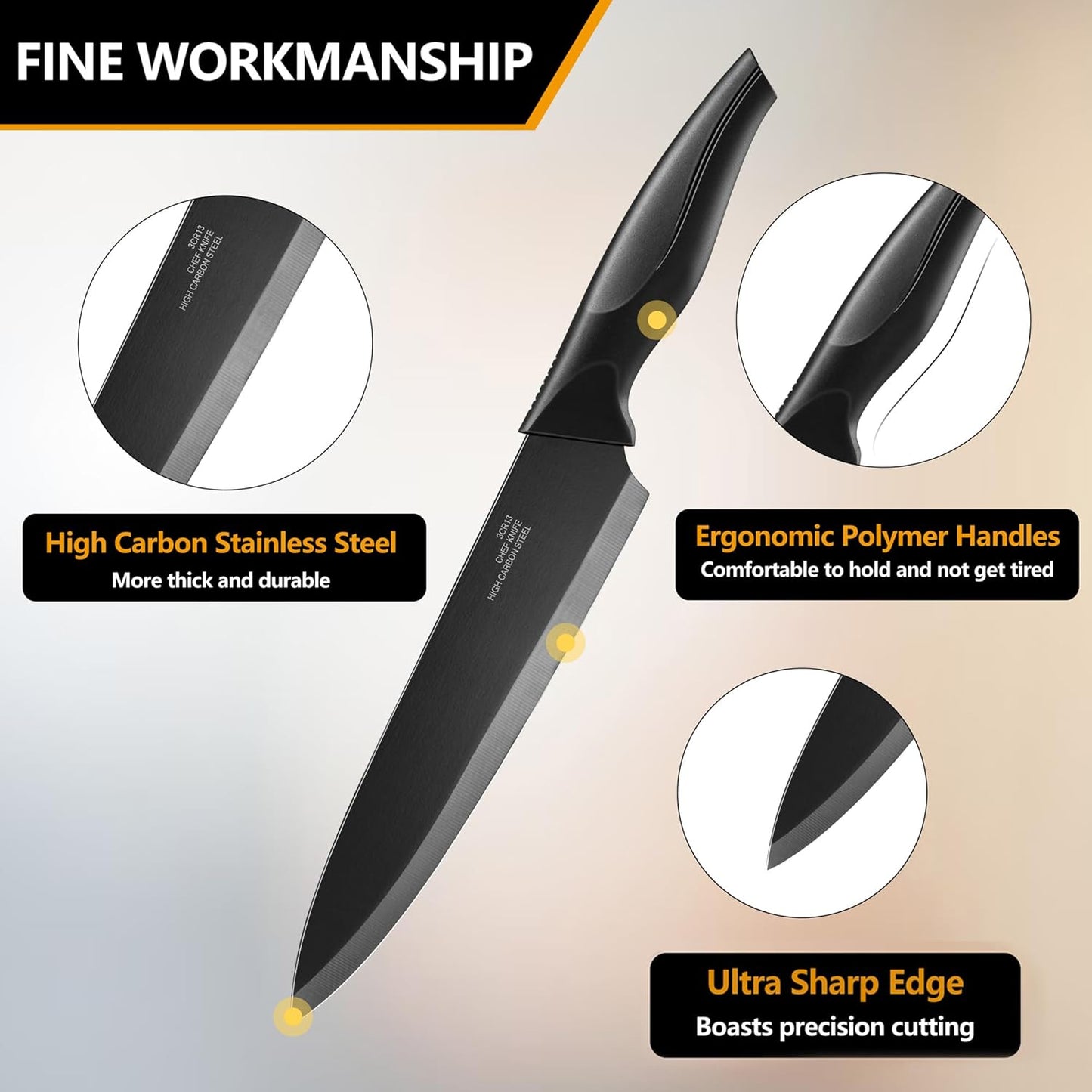 Knife Set with Block, 15 Pieces Kitchen Knife Block Set with Sharpener, High Carbon Stainless Steel Sharp Chef Knife Set with Ergonomic Handles, Anti Rust, White