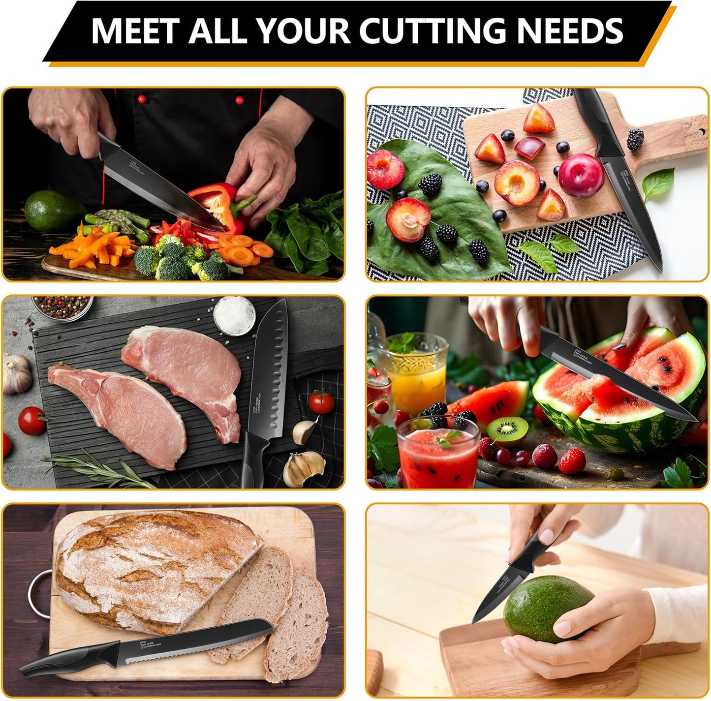Knife Set with Block, 15 Pieces Kitchen Knife Block Set with Sharpener, High Carbon Stainless Steel Sharp Chef Knife Set with Ergonomic Handles, Anti Rust, White