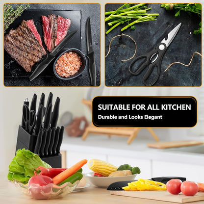 Knife Set with Block, 15 Pieces Kitchen Knife Block Set with Sharpener, High Carbon Stainless Steel Sharp Chef Knife Set with Ergonomic Handles, Anti Rust, White