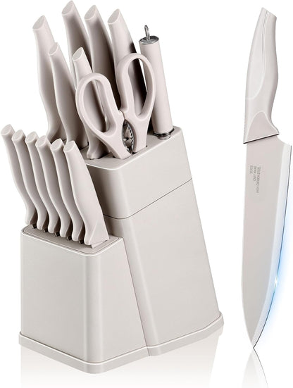 Knife Set with Block, 15 Pieces Kitchen Knife Block Set with Sharpener, High Carbon Stainless Steel Sharp Chef Knife Set with Ergonomic Handles, Anti Rust, White