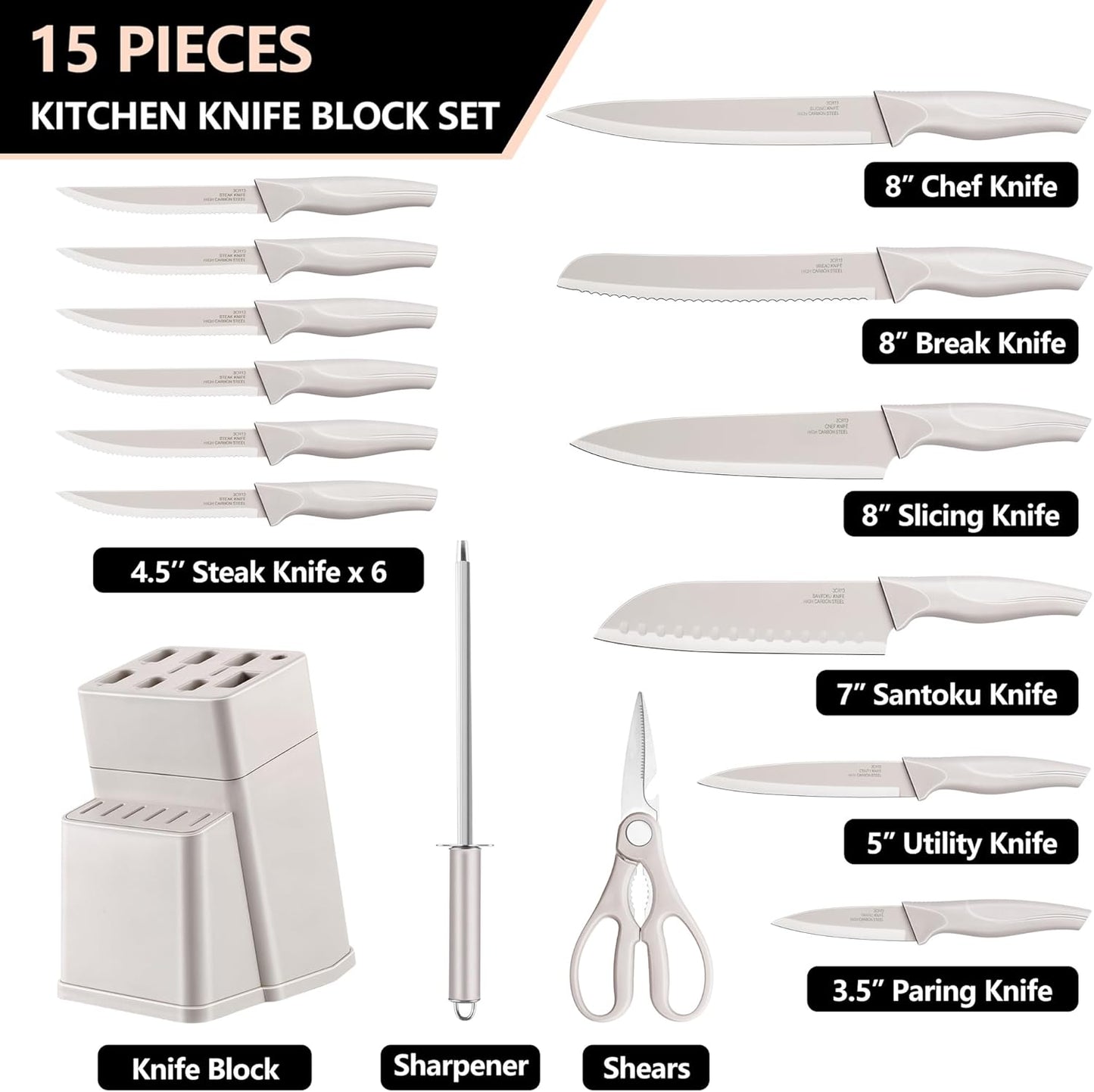 Knife Set with Block, 15 Pieces Kitchen Knife Block Set with Sharpener, High Carbon Stainless Steel Sharp Chef Knife Set with Ergonomic Handles, Anti Rust, White