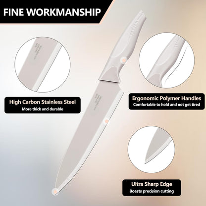 Knife Set with Block, 15 Pieces Kitchen Knife Block Set with Sharpener, High Carbon Stainless Steel Sharp Chef Knife Set with Ergonomic Handles, Anti Rust, White