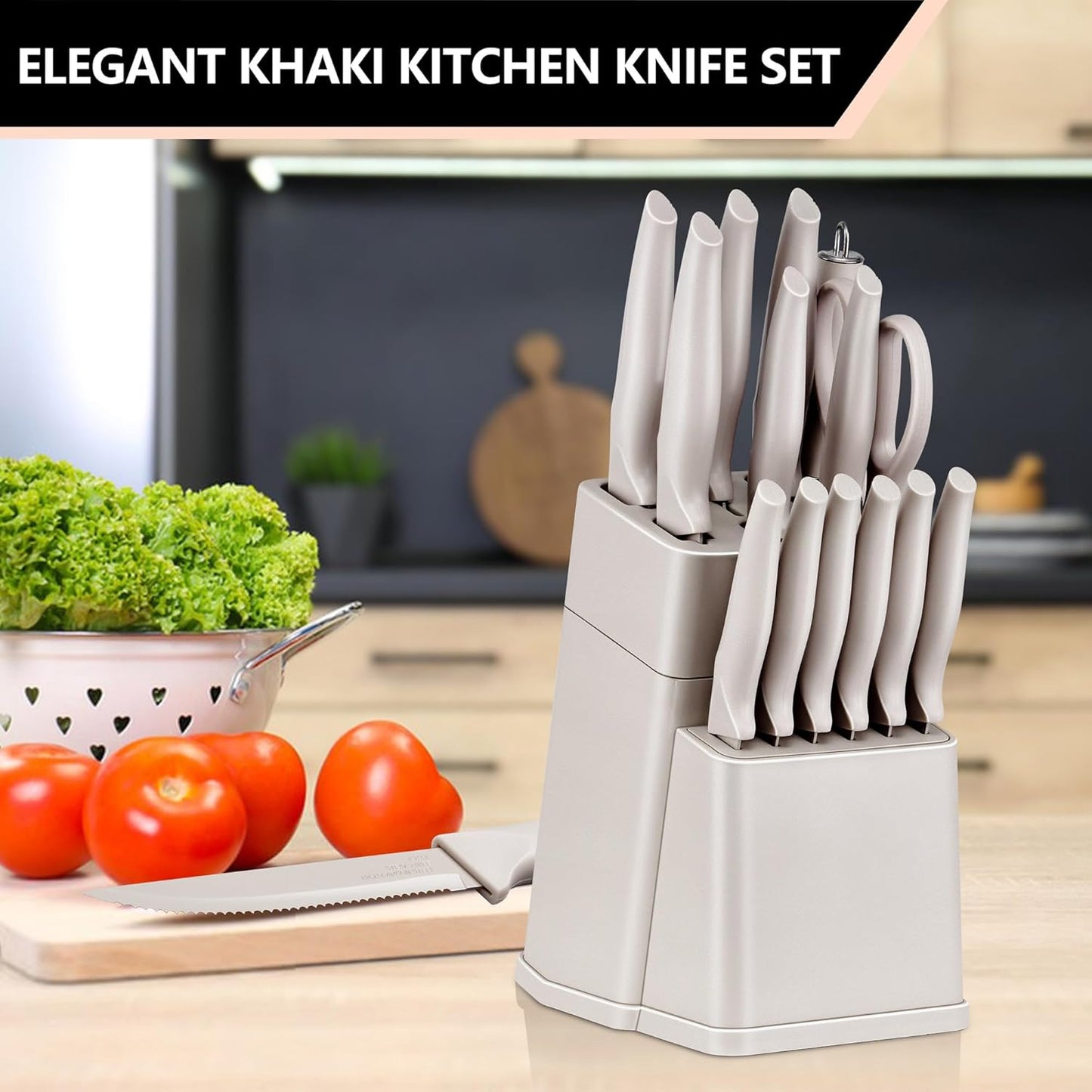 Knife Set with Block, 15 Pieces Kitchen Knife Block Set with Sharpener, High Carbon Stainless Steel Sharp Chef Knife Set with Ergonomic Handles, Anti Rust, White