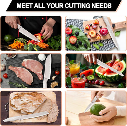 Knife Set with Block, 15 Pieces Kitchen Knife Block Set with Sharpener, High Carbon Stainless Steel Sharp Chef Knife Set with Ergonomic Handles, Anti Rust, White