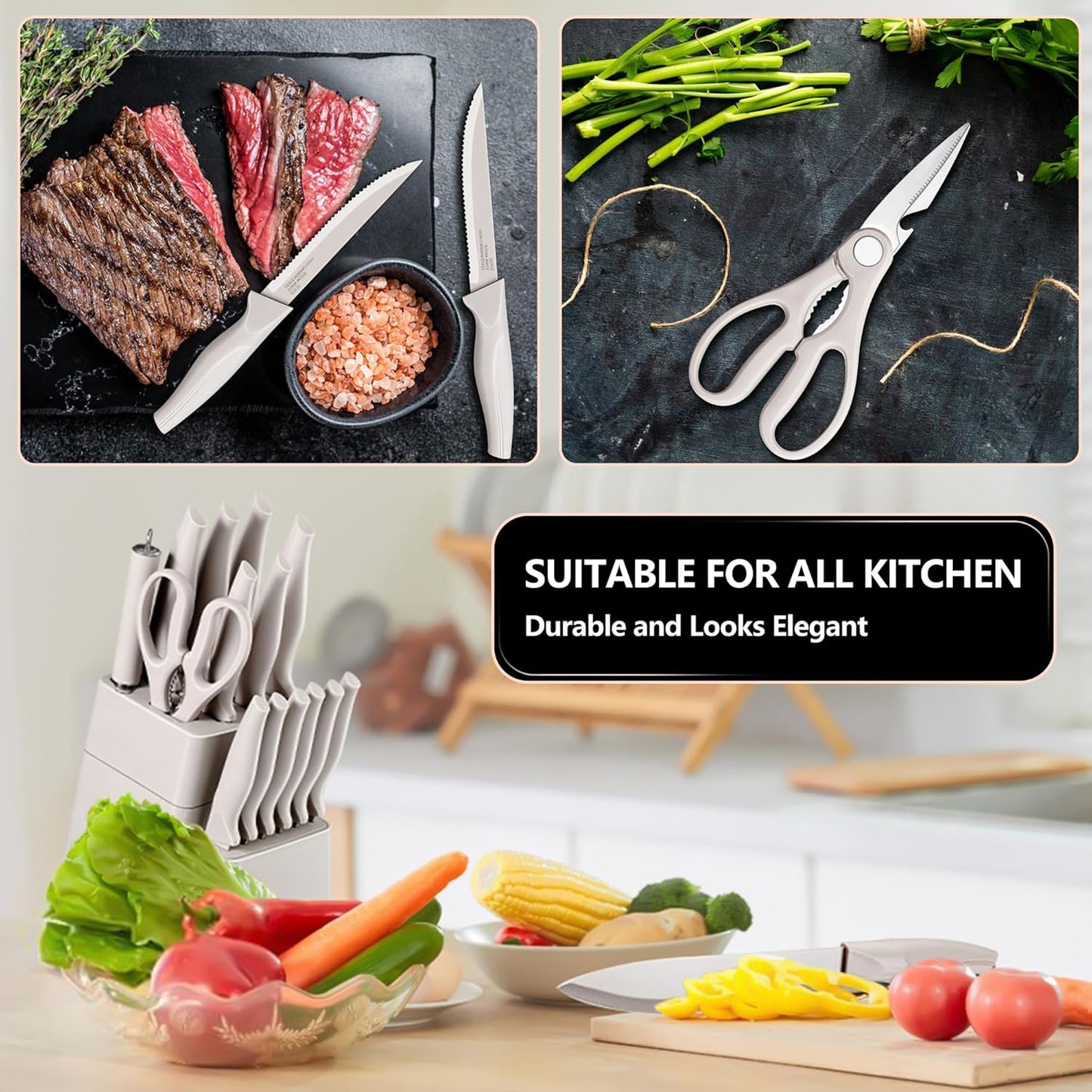 Knife Set with Block, 15 Pieces Kitchen Knife Block Set with Sharpener, High Carbon Stainless Steel Sharp Chef Knife Set with Ergonomic Handles, Anti Rust, White