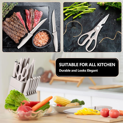 Knife Set with Block, 15 Pieces Kitchen Knife Block Set with Sharpener, High Carbon Stainless Steel Sharp Chef Knife Set with Ergonomic Handles, Anti Rust, White