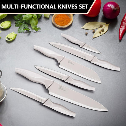 Knife Set with Block, 15 Pieces Kitchen Knife Block Set with Sharpener, High Carbon Stainless Steel Sharp Chef Knife Set with Ergonomic Handles, Anti Rust, White