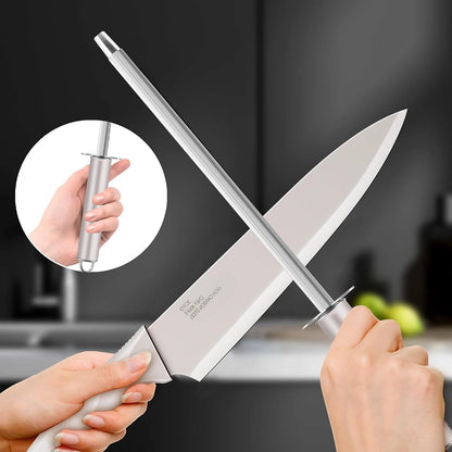 Knife Set with Block, 15 Pieces Kitchen Knife Block Set with Sharpener, High Carbon Stainless Steel Sharp Chef Knife Set with Ergonomic Handles, Anti Rust, White