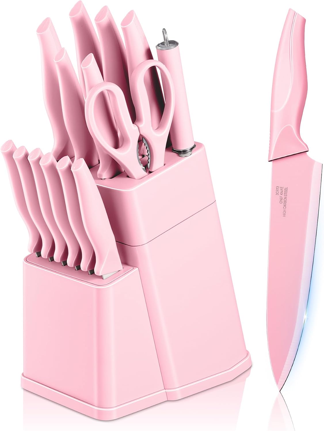 Knife Set with Block, 15 Pieces Kitchen Knife Block Set with Sharpener, High Carbon Stainless Steel Sharp Chef Knife Set with Ergonomic Handles, Anti Rust, White