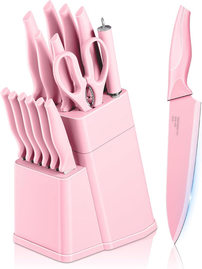 Knife Set with Block, 15 Pieces Kitchen Knife Block Set with Sharpener, High Carbon Stainless Steel Sharp Chef Knife Set with Ergonomic Handles, Anti Rust, White