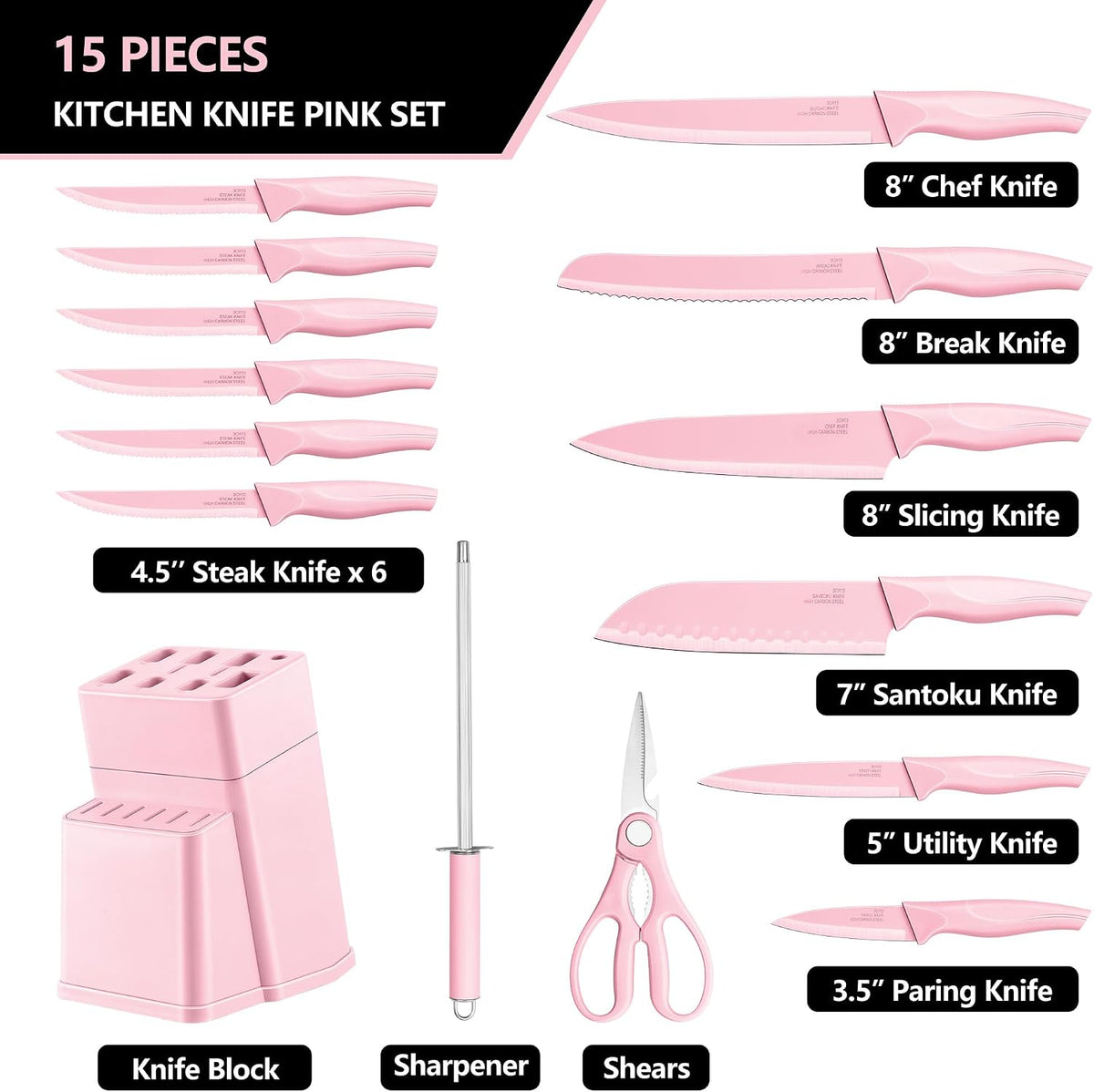 Knife Set with Block, 15 Pieces Kitchen Knife Block Set with Sharpener, High Carbon Stainless Steel Sharp Chef Knife Set with Ergonomic Handles, Anti Rust, White