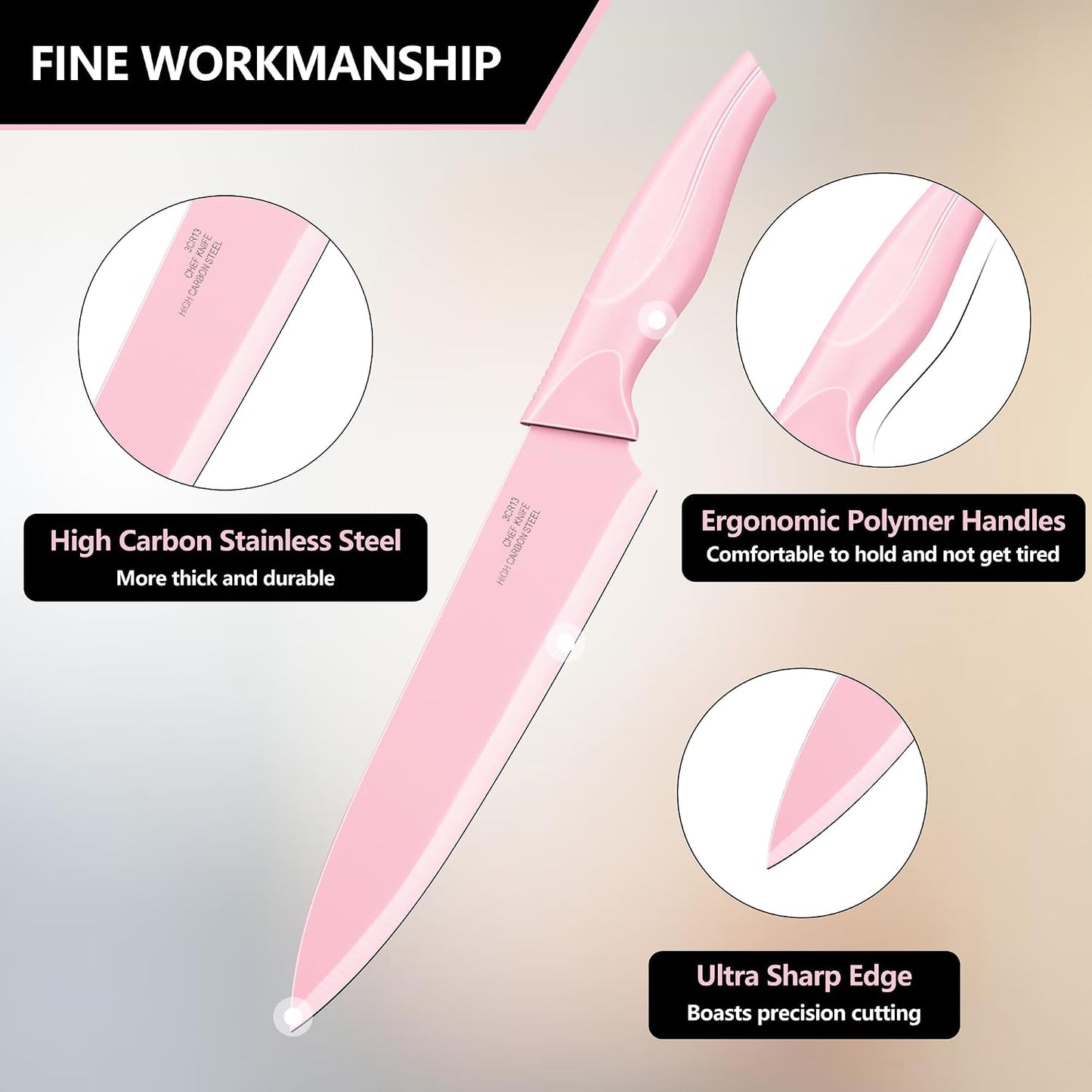 Knife Set with Block, 15 Pieces Kitchen Knife Block Set with Sharpener, High Carbon Stainless Steel Sharp Chef Knife Set with Ergonomic Handles, Anti Rust, White