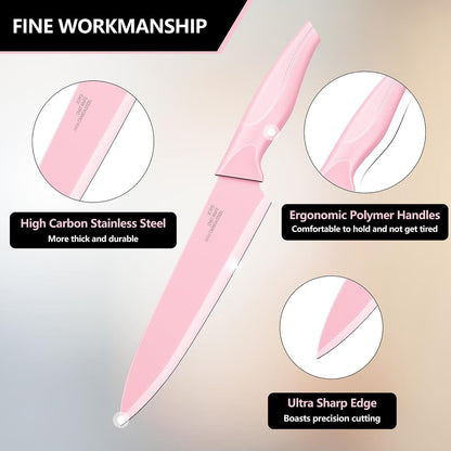 Knife Set with Block, 15 Pieces Kitchen Knife Block Set with Sharpener, High Carbon Stainless Steel Sharp Chef Knife Set with Ergonomic Handles, Anti Rust, White