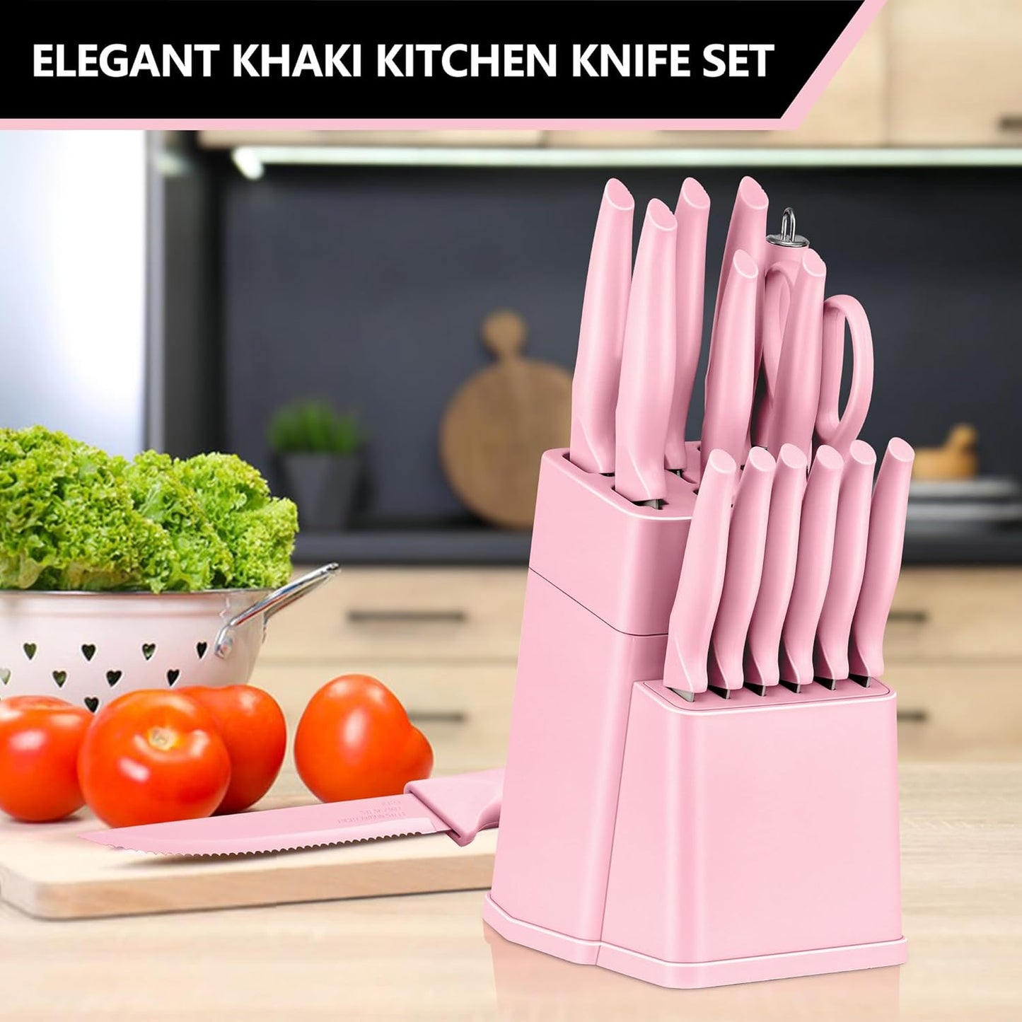 Knife Set with Block, 15 Pieces Kitchen Knife Block Set with Sharpener, High Carbon Stainless Steel Sharp Chef Knife Set with Ergonomic Handles, Anti Rust, White