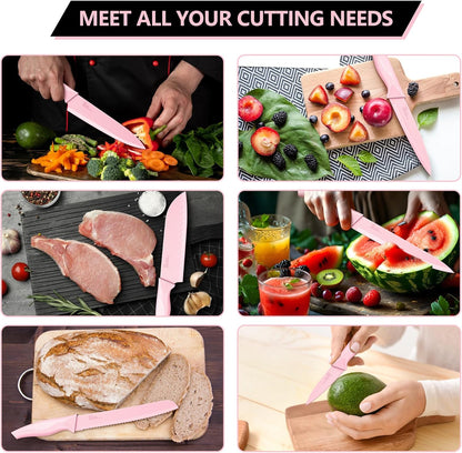 Knife Set with Block, 15 Pieces Kitchen Knife Block Set with Sharpener, High Carbon Stainless Steel Sharp Chef Knife Set with Ergonomic Handles, Anti Rust, White