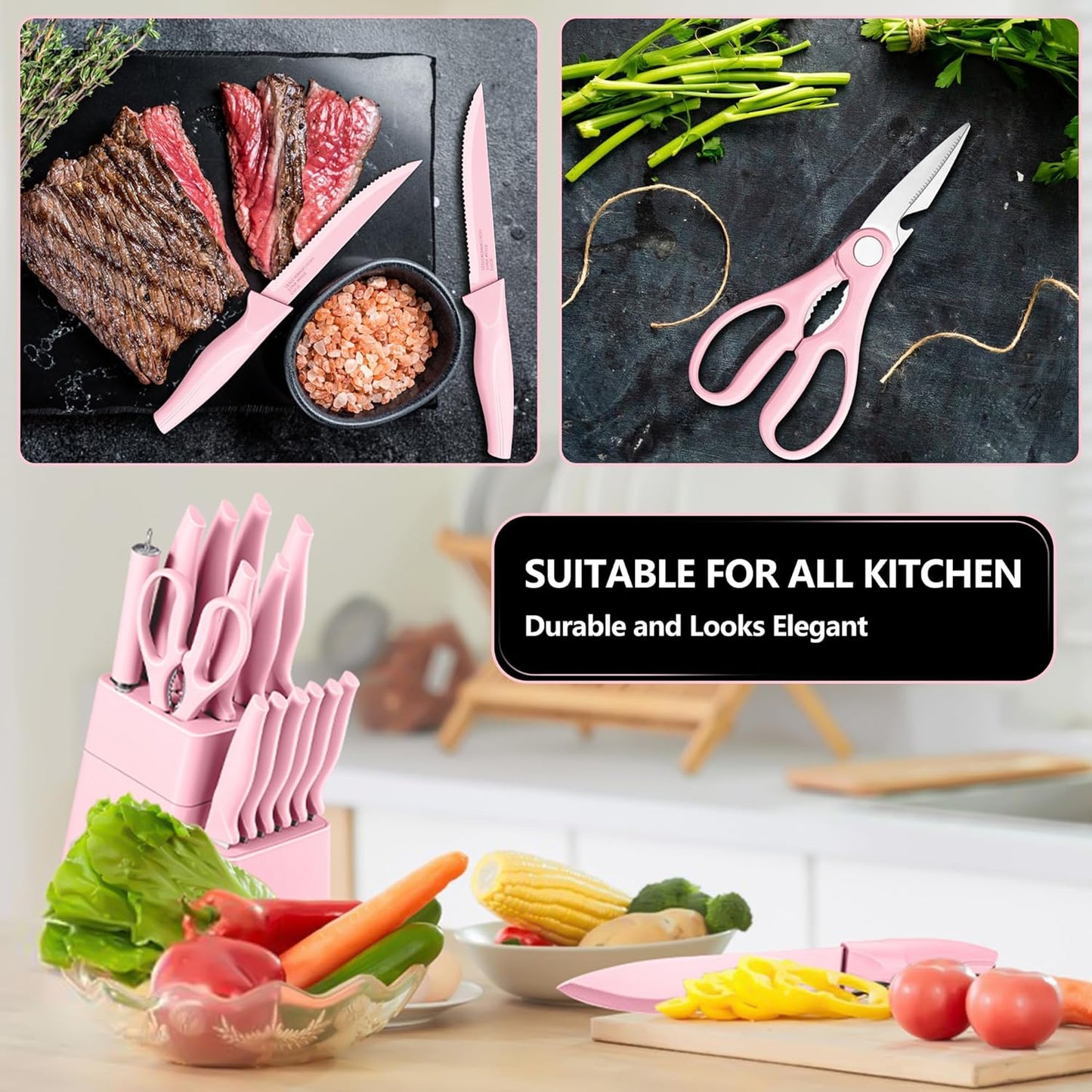 Knife Set with Block, 15 Pieces Kitchen Knife Block Set with Sharpener, High Carbon Stainless Steel Sharp Chef Knife Set with Ergonomic Handles, Anti Rust, White