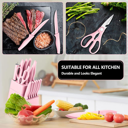Knife Set with Block, 15 Pieces Kitchen Knife Block Set with Sharpener, High Carbon Stainless Steel Sharp Chef Knife Set with Ergonomic Handles, Anti Rust, White