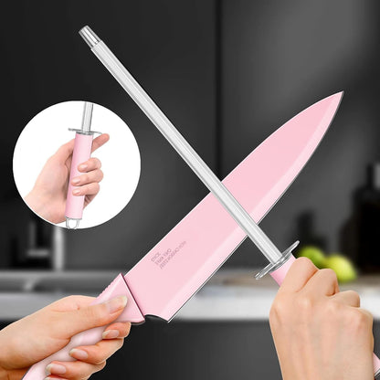 Knife Set with Block, 15 Pieces Kitchen Knife Block Set with Sharpener, High Carbon Stainless Steel Sharp Chef Knife Set with Ergonomic Handles, Anti Rust, White