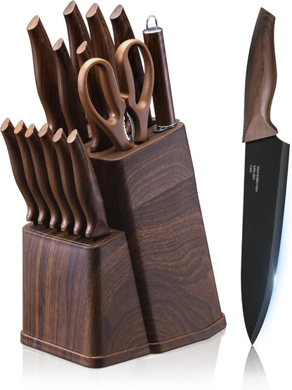 Knife Set with Block, 15 Pieces Kitchen Knife Block Set with Sharpener, High Carbon Stainless Steel Sharp Chef Knife Set with Ergonomic Handles, Anti Rust, White