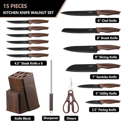 Knife Set with Block, 15 Pieces Kitchen Knife Block Set with Sharpener, High Carbon Stainless Steel Sharp Chef Knife Set with Ergonomic Handles, Anti Rust, White