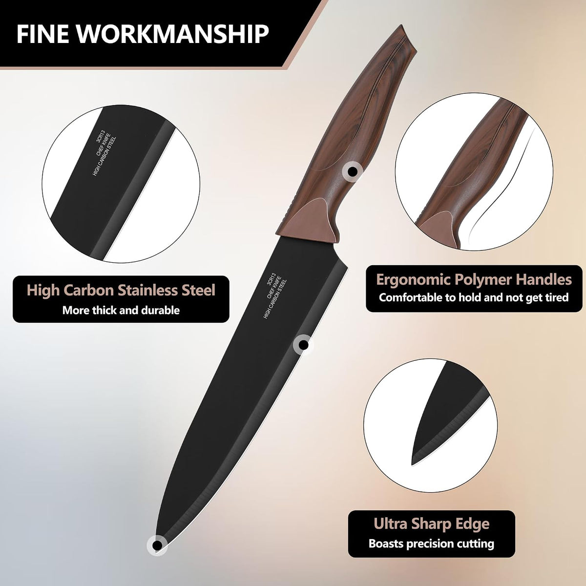 Knife Set with Block, 15 Pieces Kitchen Knife Block Set with Sharpener, High Carbon Stainless Steel Sharp Chef Knife Set with Ergonomic Handles, Anti Rust, White
