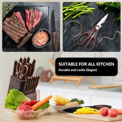 Knife Set with Block, 15 Pieces Kitchen Knife Block Set with Sharpener, High Carbon Stainless Steel Sharp Chef Knife Set with Ergonomic Handles, Anti Rust, White