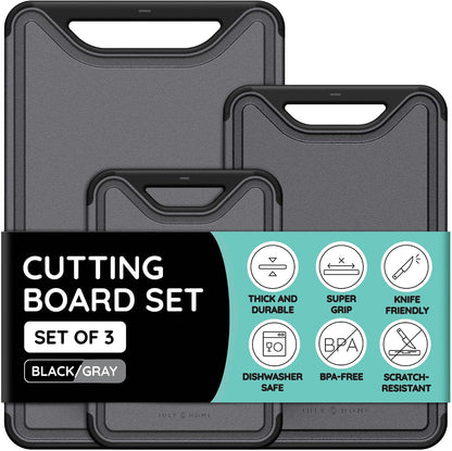 Cutting Boards for Kitchen, Plastic Cutting Board Set of 3, Dishwasher Safe Cutting Boards with Juice Grooves for Meat, Veggies, Fruits, Easy Grip Handle, Serveware Accessories (Gray)