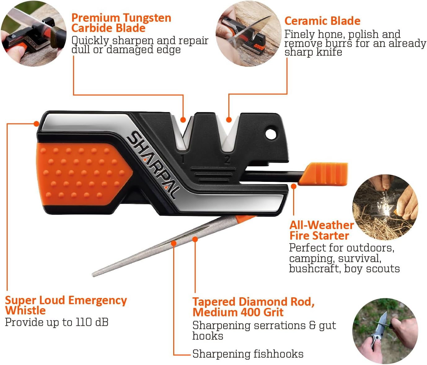 101N 6-in-1 Pocket Knife Sharpener & Survival Tool | Diamond Sharpening Rod, Fire Starter Ferro Rod, Whistle, Sharpens Straight & Serrated Blades, Repairs & Hones Knives