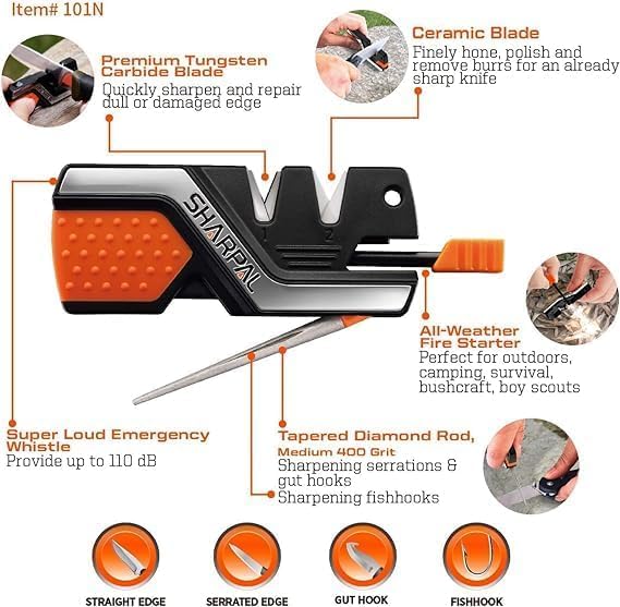 101N 6-in-1 Pocket Knife Sharpener & Survival Tool | Diamond Sharpening Rod, Fire Starter Ferro Rod, Whistle, Sharpens Straight & Serrated Blades, Repairs & Hones Knives