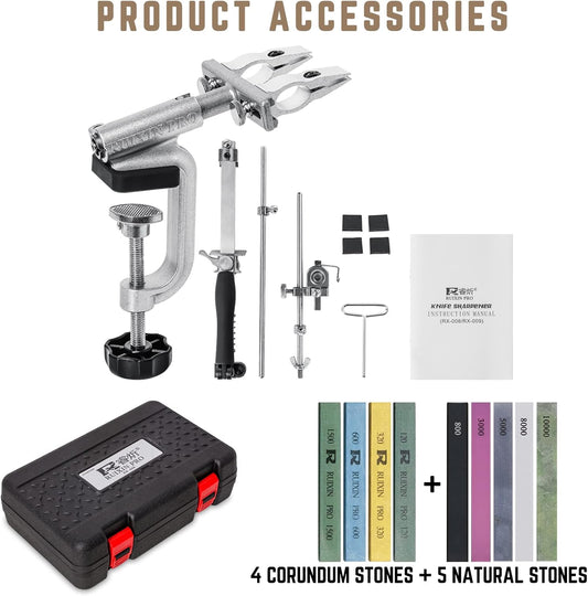 RUIXIN PRO RX-009 Professional Knife Sharpener with 9 Whetstones, 360° Rotation Flip Design Fixed-Angle Aluminum Alloy Kitchen Chef Knife Sharpening Kit Abrasive Holding System Tools