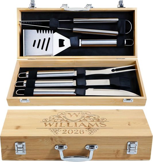 Custom Engraved Monogram Name Year BBQ Grill Tools, Wooden (SS) | Name Year Design, 5 Piece Kit, Stainless Steel Tongs, Spatula, Fork, Basting Brush, Knife, Fathers Day Gift