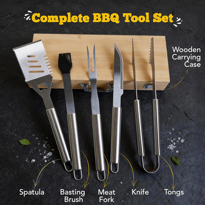 Custom Engraved Monogram Name Year BBQ Grill Tools, Wooden (SS) | Name Year Design, 5 Piece Kit, Stainless Steel Tongs, Spatula, Fork, Basting Brush, Knife, Fathers Day Gift