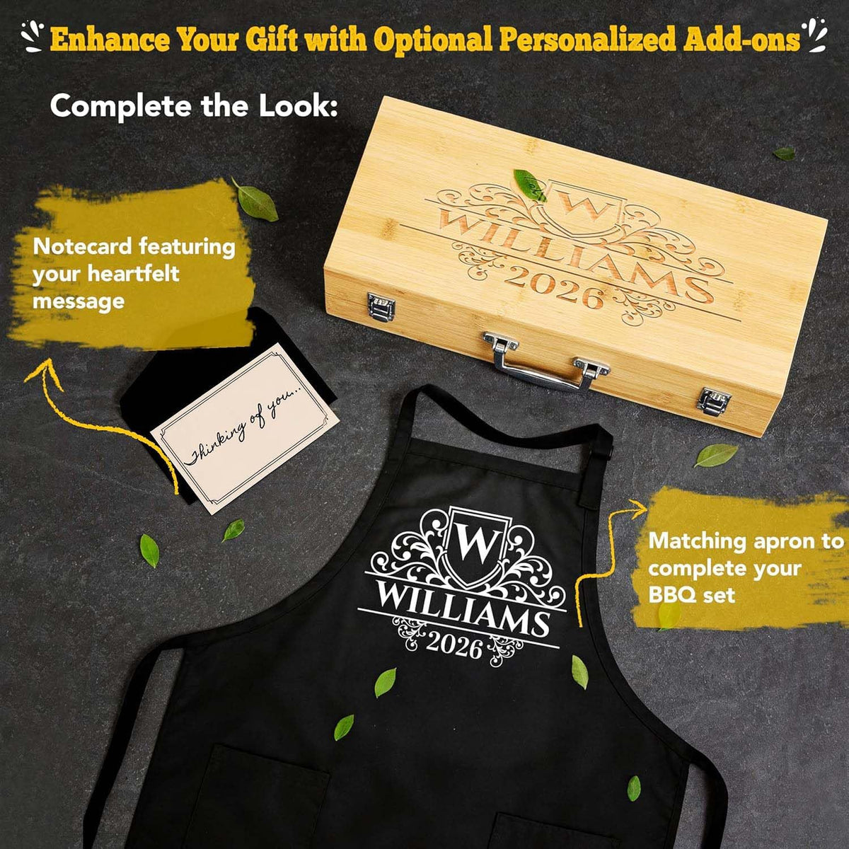 Custom Engraved Monogram Name Year BBQ Grill Tools, Wooden (SS) | Name Year Design, 5 Piece Kit, Stainless Steel Tongs, Spatula, Fork, Basting Brush, Knife, Fathers Day Gift