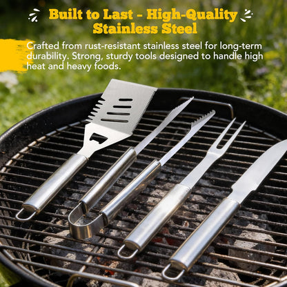 Custom Engraved Monogram Name Year BBQ Grill Tools, Wooden (SS) | Name Year Design, 5 Piece Kit, Stainless Steel Tongs, Spatula, Fork, Basting Brush, Knife, Fathers Day Gift
