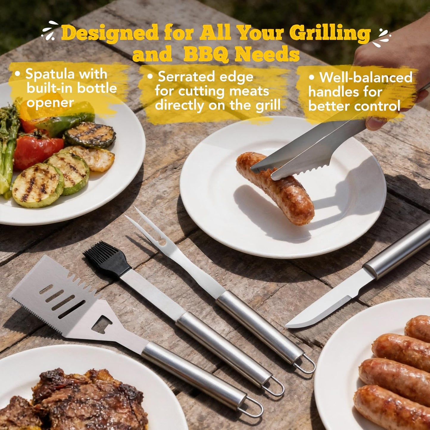 Custom Engraved Monogram Name Year BBQ Grill Tools, Wooden (SS) | Name Year Design, 5 Piece Kit, Stainless Steel Tongs, Spatula, Fork, Basting Brush, Knife, Fathers Day Gift